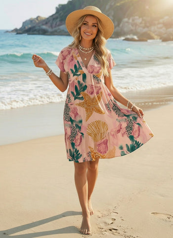 Floral Print V Neck Tiered Babydoll Mini Dress