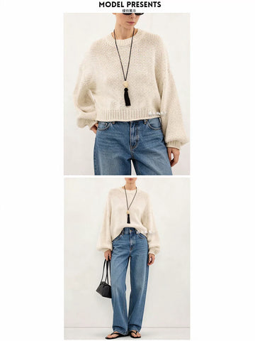 Oversized Balloon Sleeve Cropped Sweater