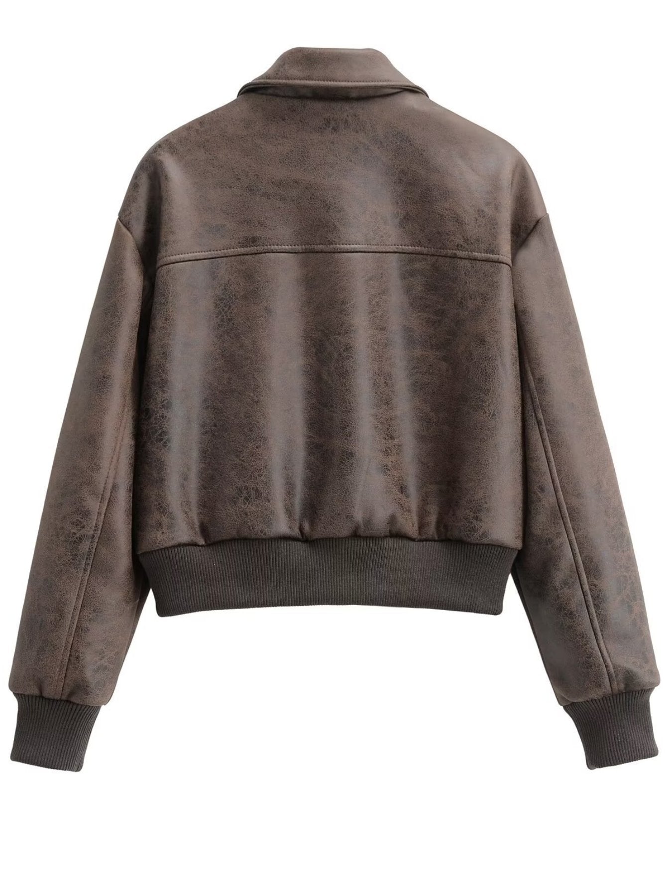 Distressed Faux Leather Bomber Jacket