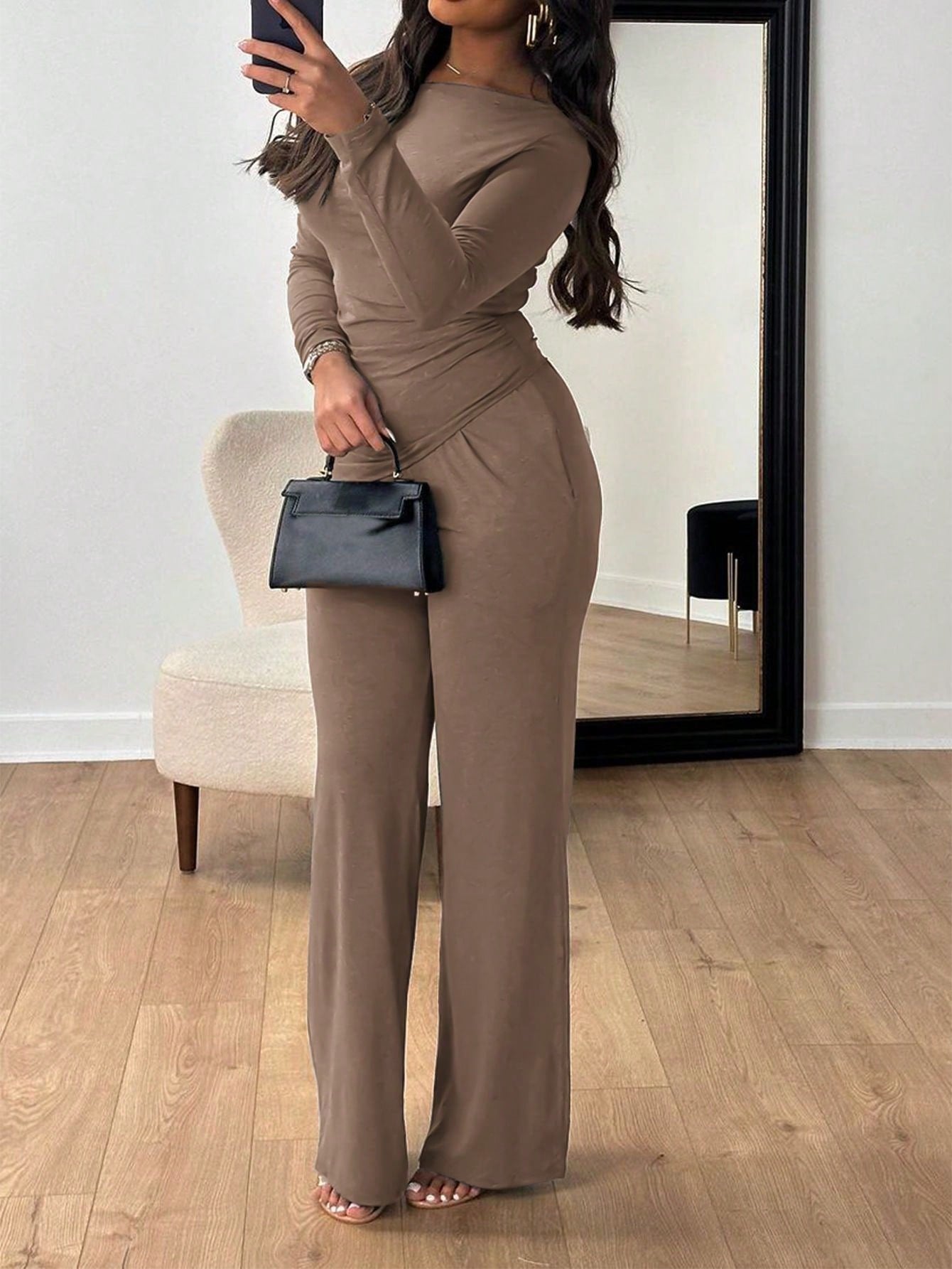 Off-Shoulder Wrap-Waist Top Wide-Leg Pants Elegant Set