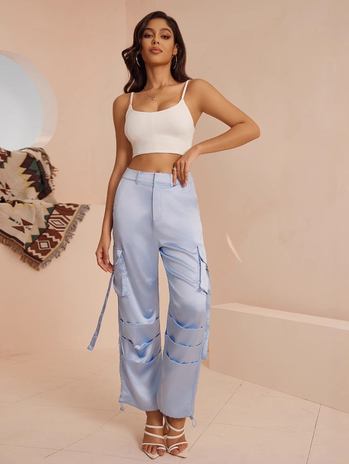 Utility Pocket Drawstring-Cargo Pants-Light Blue