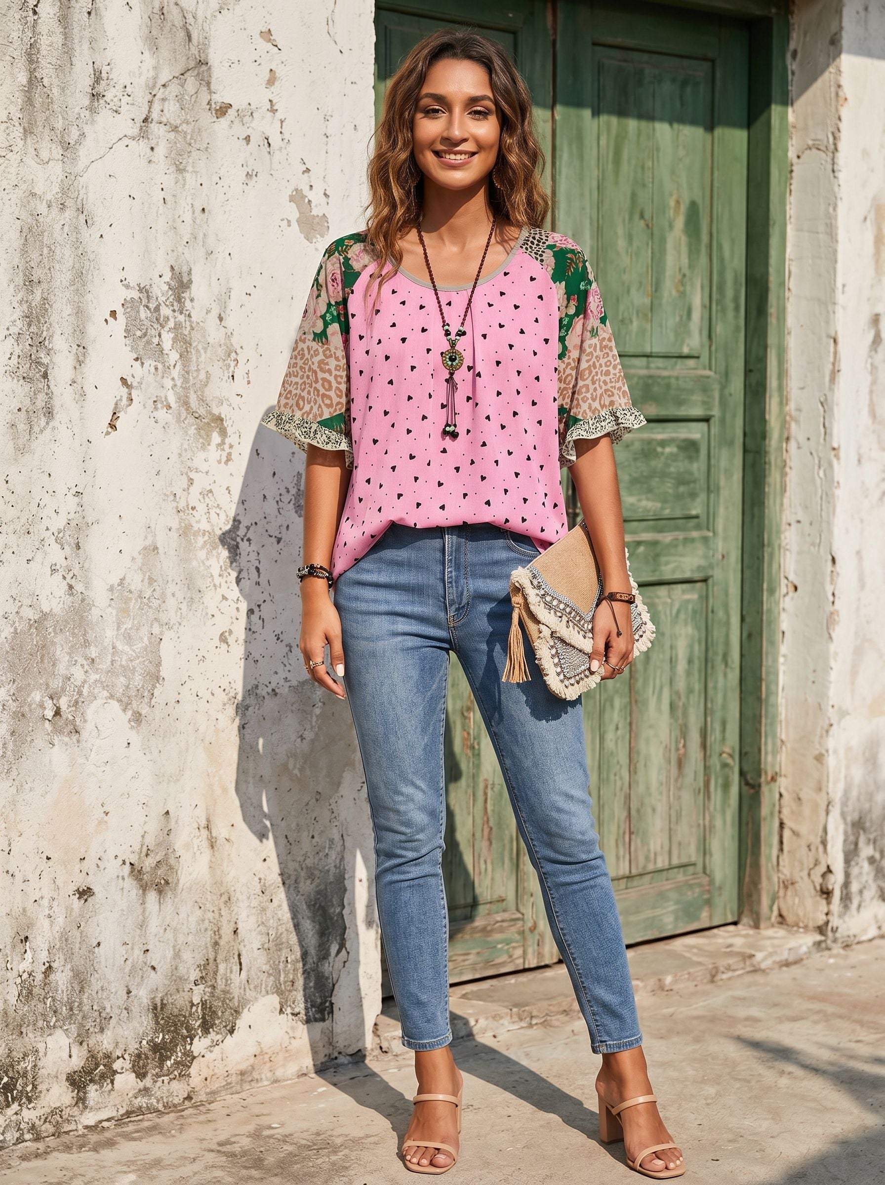Boho Floral Print Chiffon Blouse