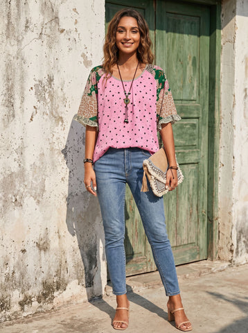 Boho Floral Print Chiffon Blouse