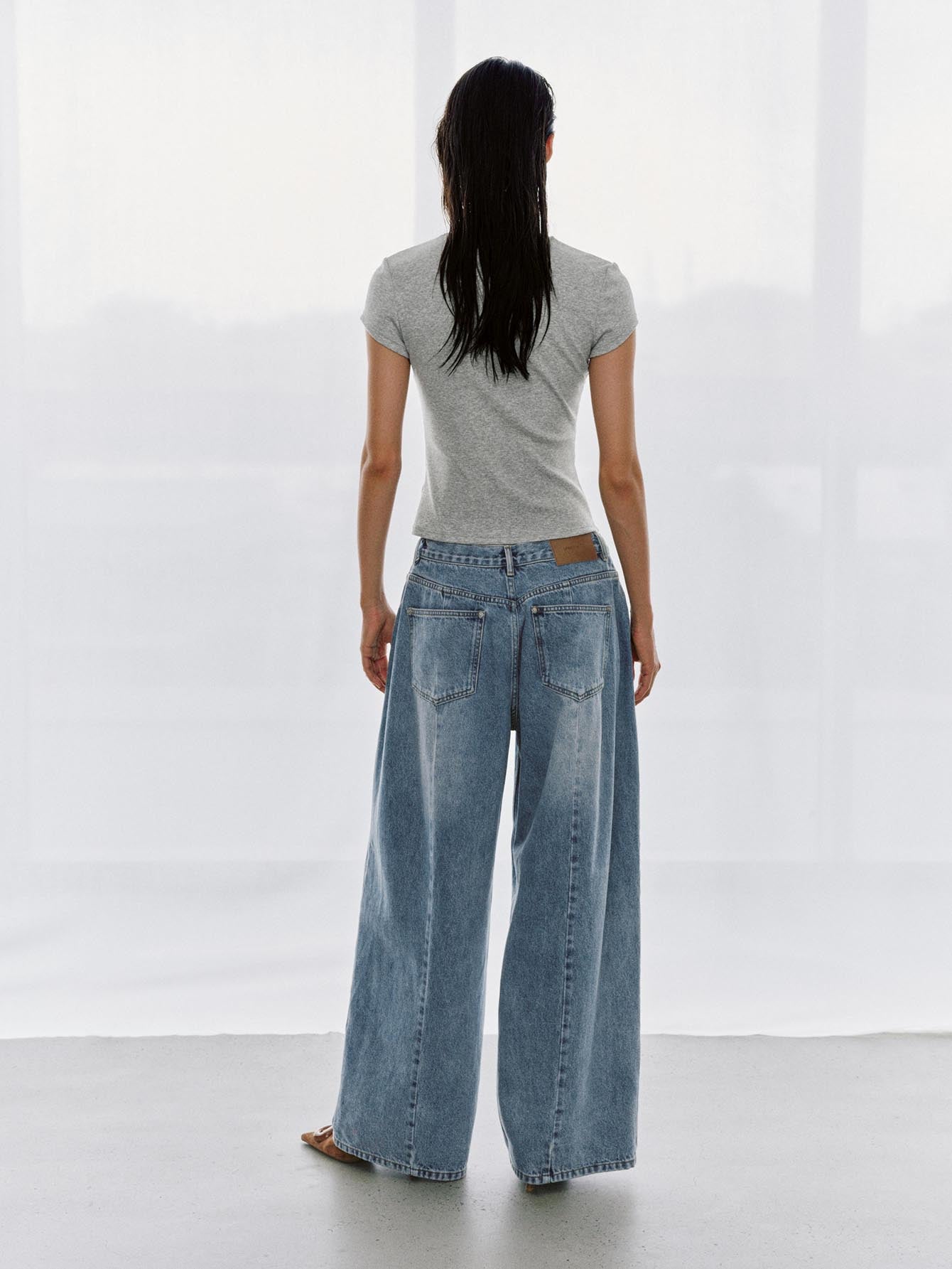 Urban Revivo Drawstring Seamed Straight Leg Jeans-Blue