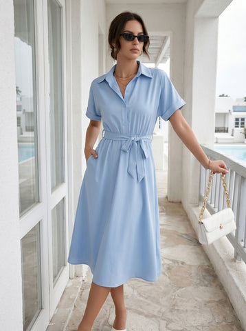 Elegant Belted Button Down Dress
