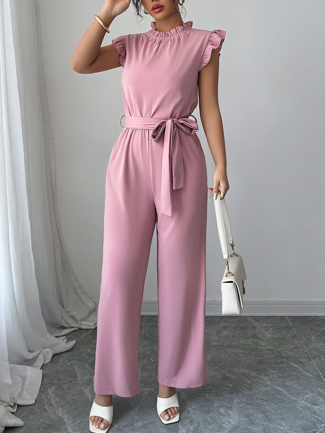 Ruffled Neck Belted Wide-Leg Romantic Jumpsuit-Pink