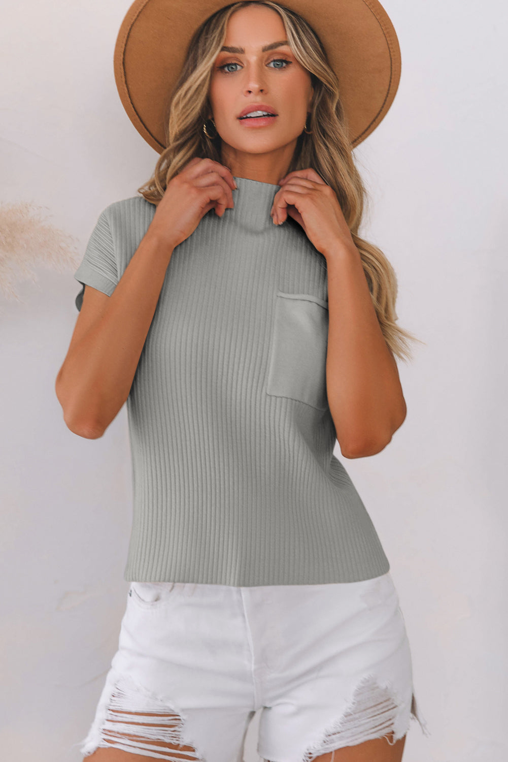 Soft Ribbed Knit Short Sleeve Sweater
