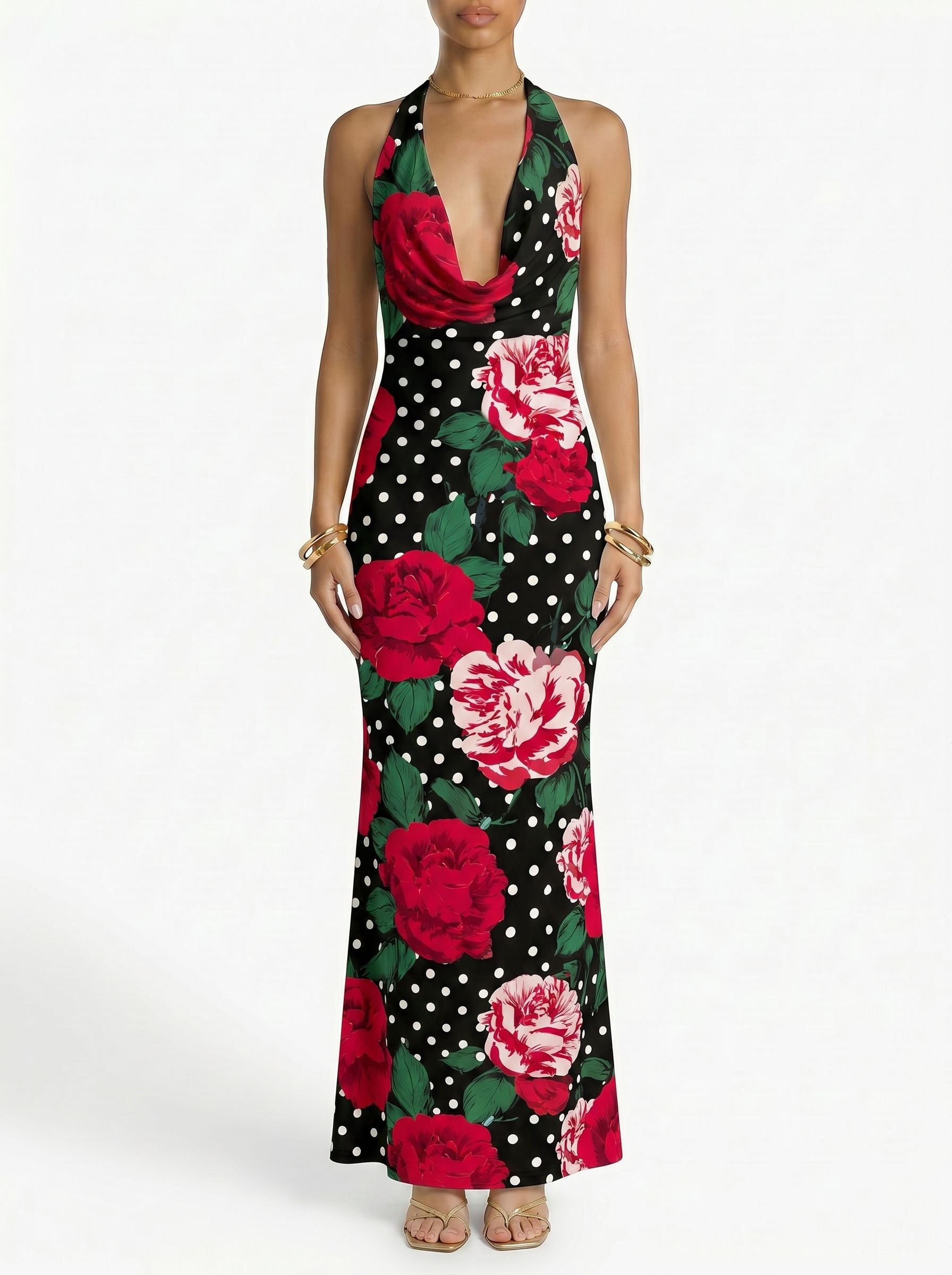 Floral Print Cowl Neck Bodycon Maxi Dress