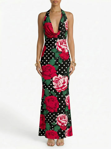 Floral Print Cowl Neck Bodycon Maxi Dress