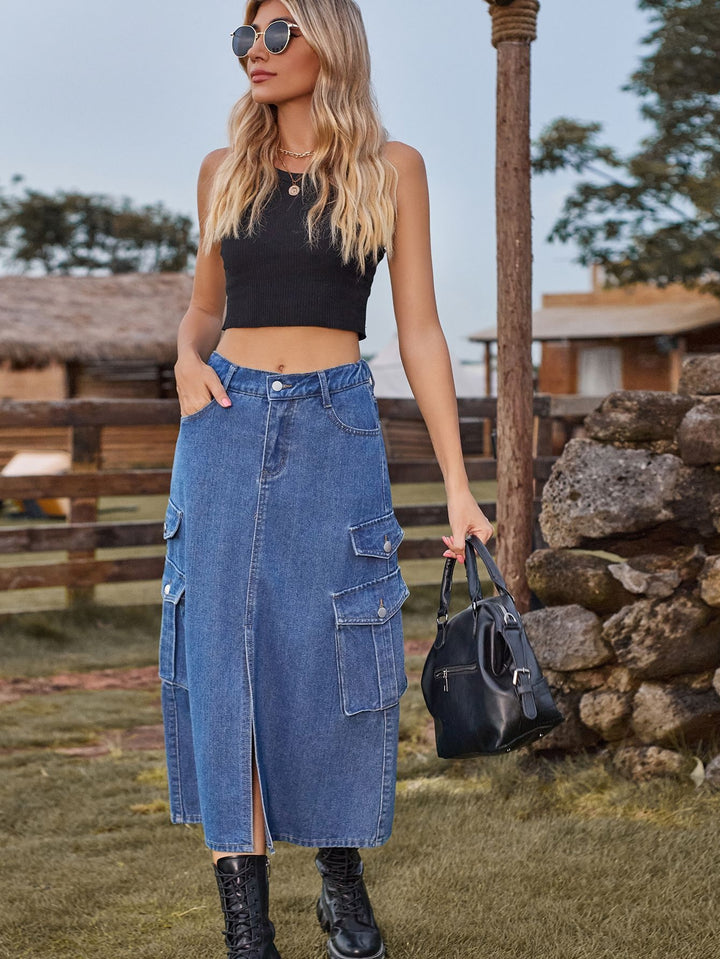 High Slit Cargo Denim Skirt