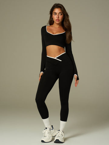 Racing-Stripe Cropped Set Sleek Yoga Set-Burgundy