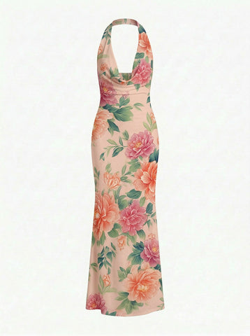 LILA English Garden Print Cowl Neck Bodycon Midi Dress