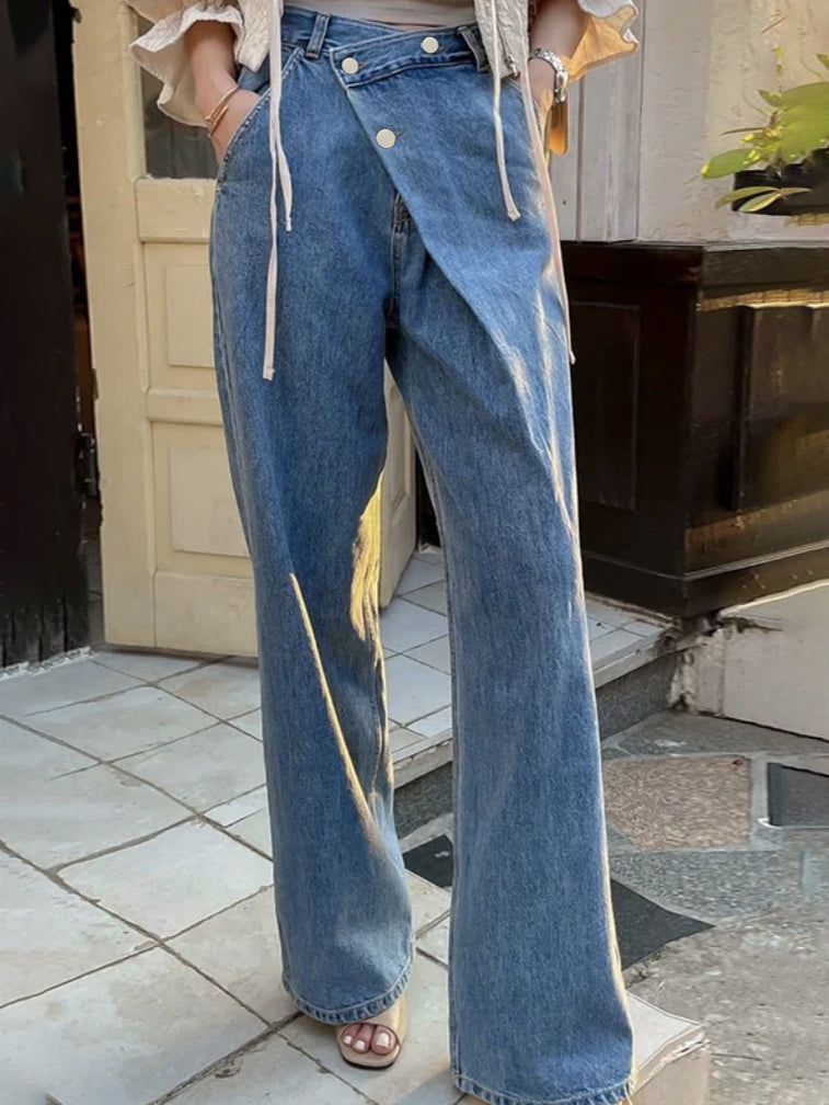 Asymmetric High Waisted Wide Leg Jeans