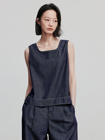 Denim Sleeveless Button-Front Blouse
