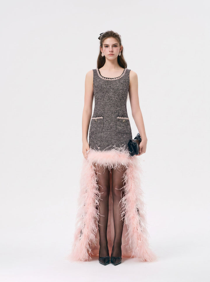 Feather Trim Tweed Mini Dress