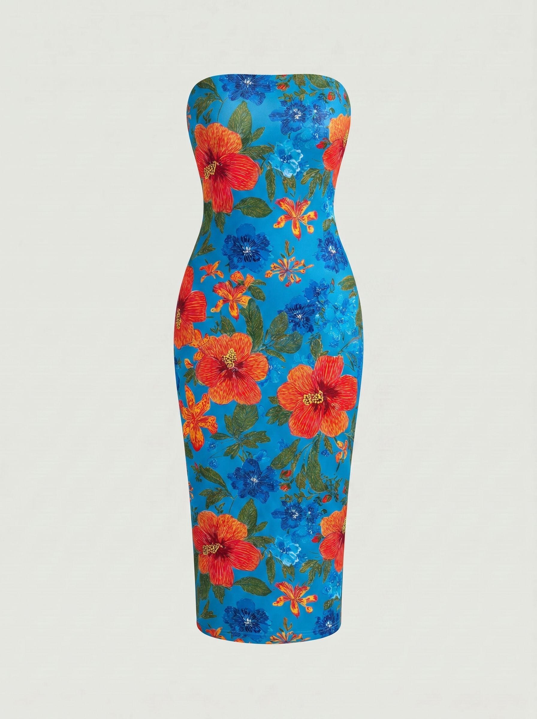 MAIA Floral Print Strapless Sheath Midi Dress