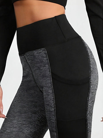 High-Waisted Colorblock Pocket Fitness Yoga Leggings-Black