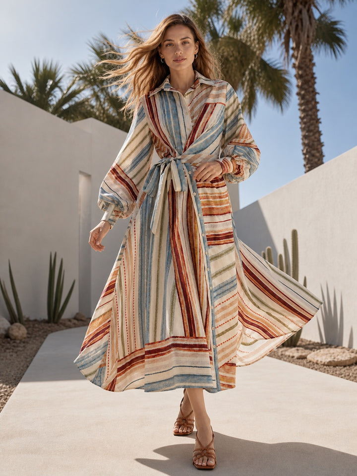 Striped Balloon Sleeve Midi Shirt Dress