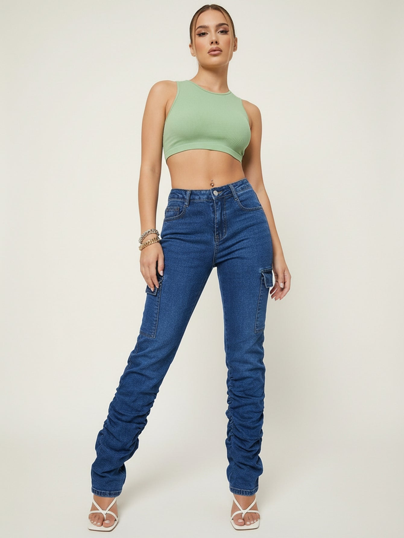 High Waisted Cargo Pocket Jeans
