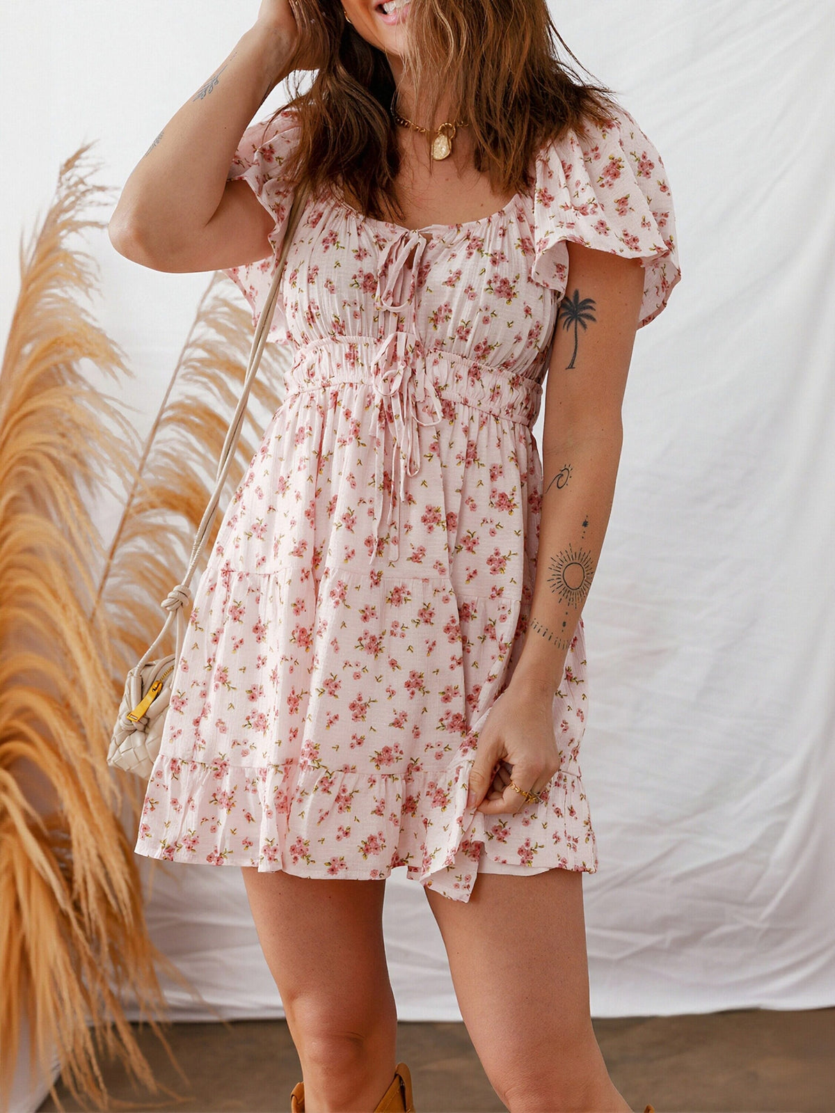 Floral Tie Front Tiered Mini Dress