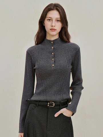 Button Mock Neck Ribbed Sweater