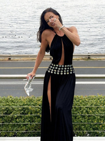 Cutout Studded Halter Maxi Dress