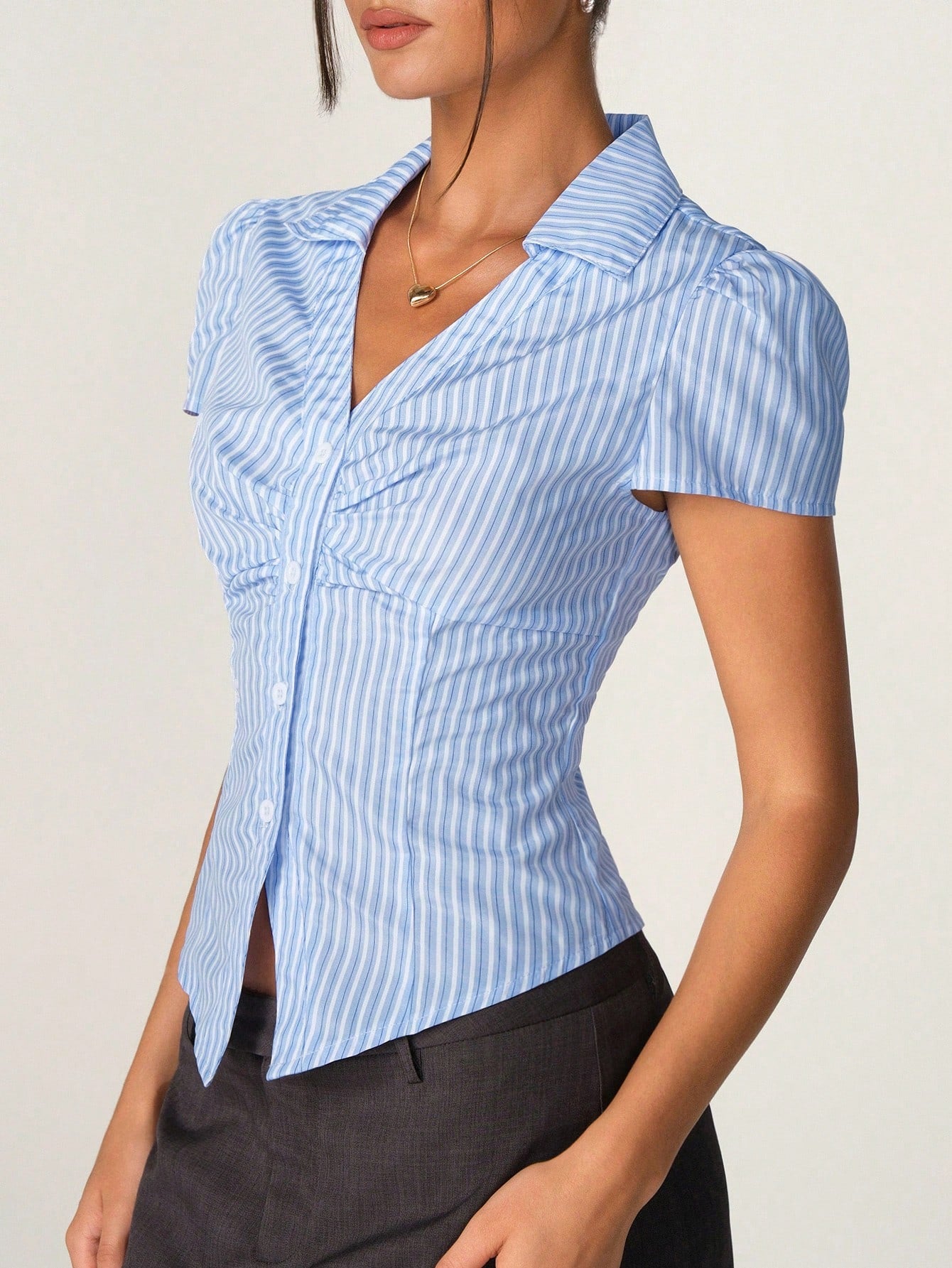 Stripe Puff Sleeve Modern Shirtdress-Blue