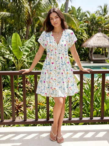 EVA Floral Print V Neck Tiered Babydoll Mini Dress
