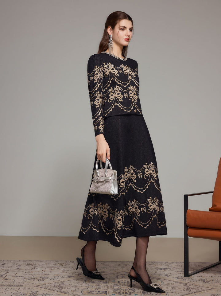 Elegant Embroidered Bow A Line Skirt
