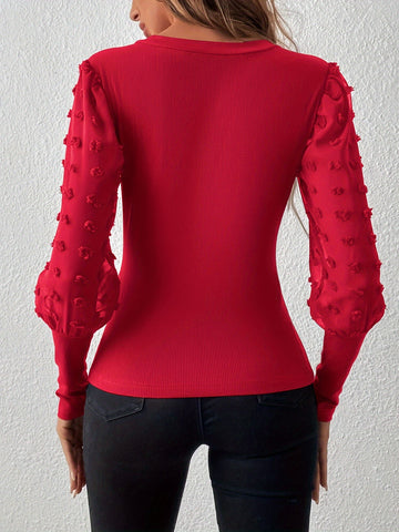 Elegant Swiss Dot Sleeve V Neck Top