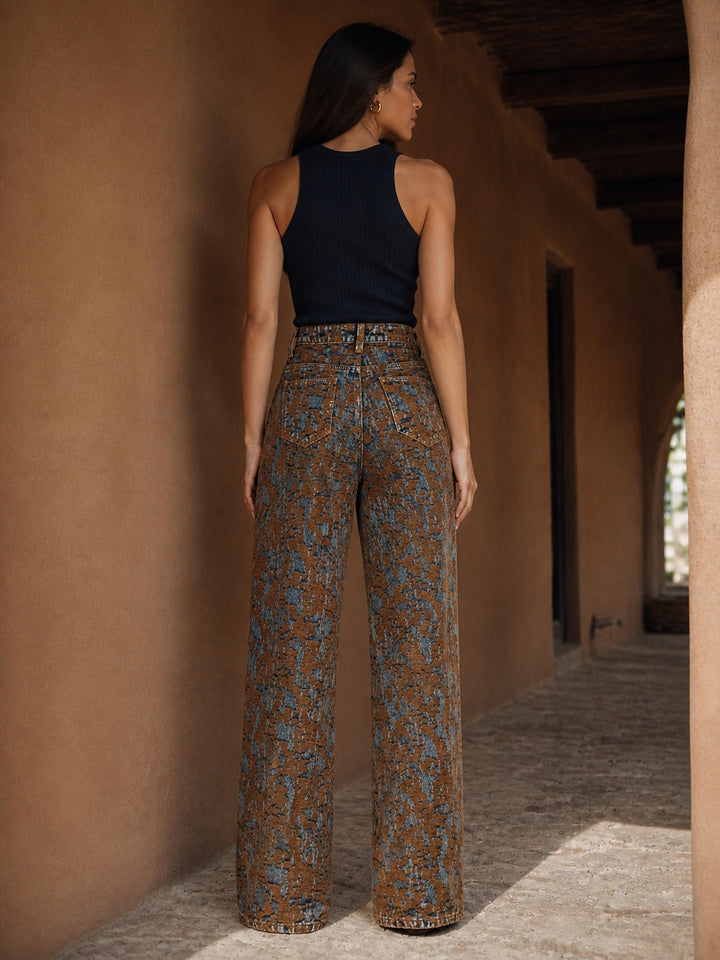 High Waisted Distressed Pattern Jeans