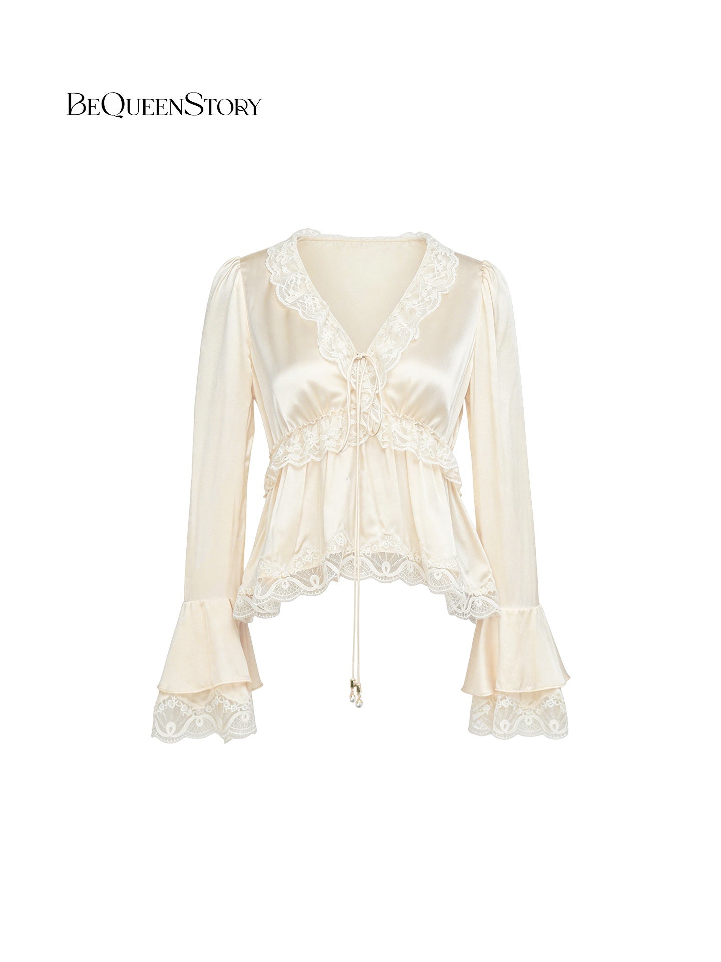 Elegant Lace Trim Satin Blouse
