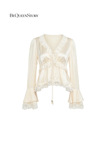 Elegant Lace Trim Satin Blouse