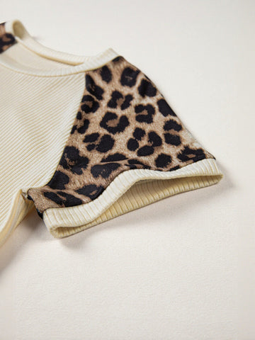 Leopard Print Ribbed Knit T Shirt
