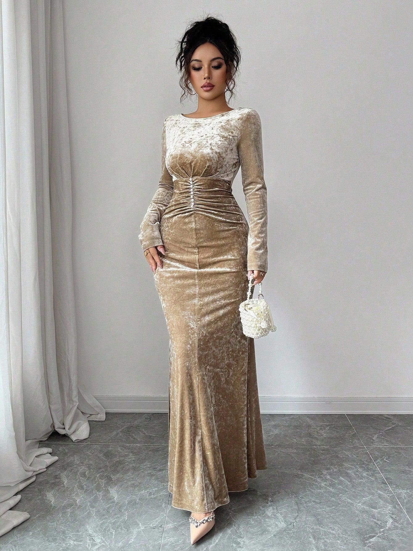 Ruched Velvet Long Sleeve Maxi Dress