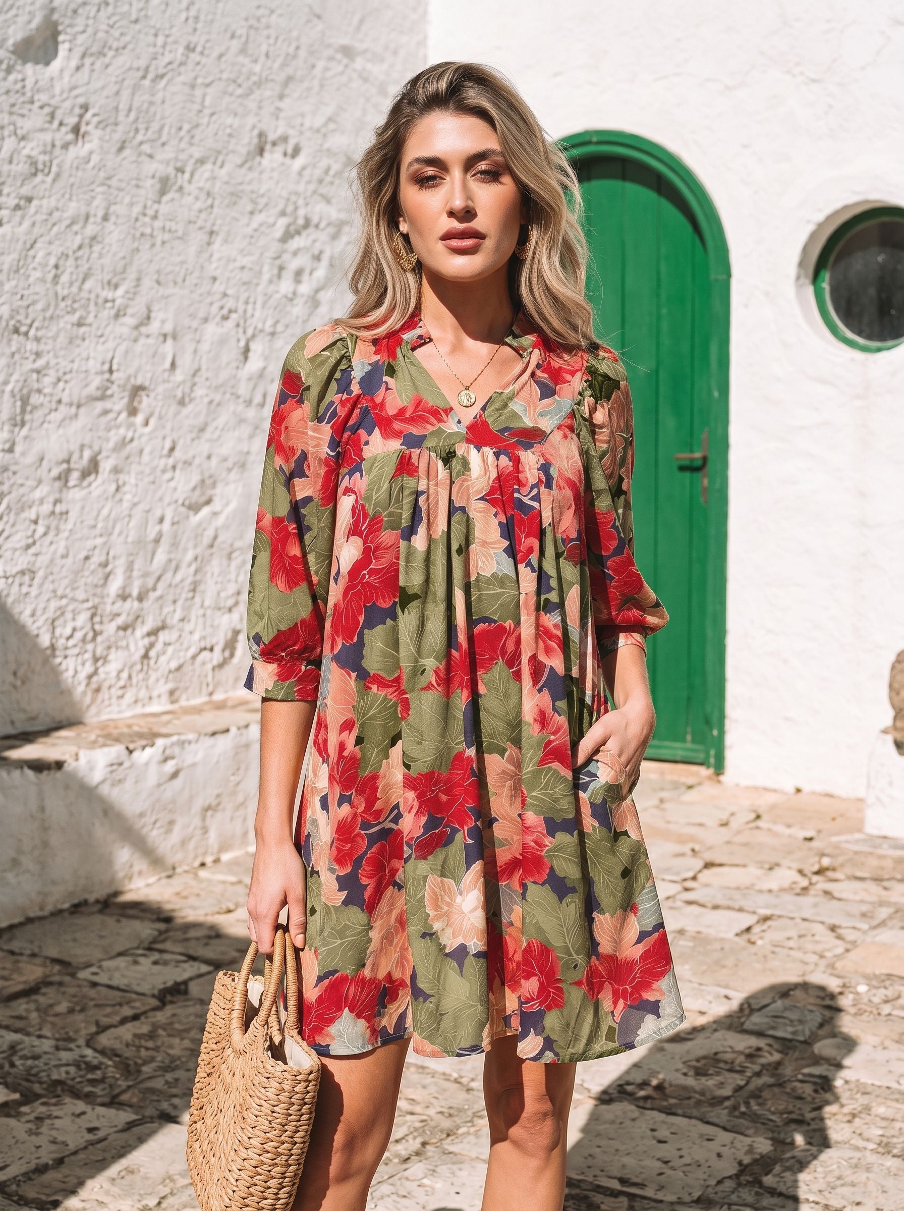 Floral V Neck Midi Dress