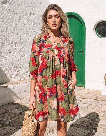 Floral V Neck Midi Dress