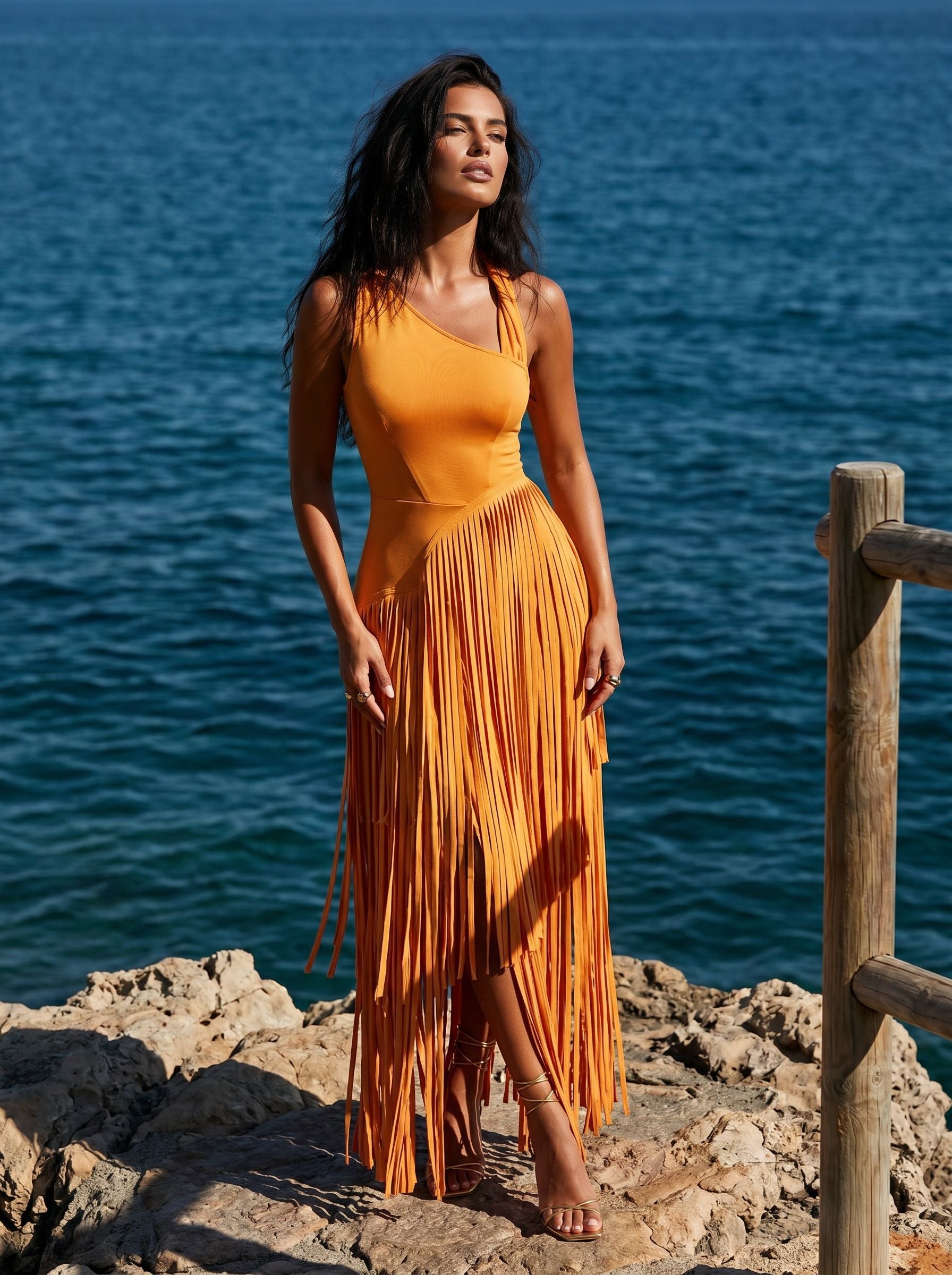 One Shoulder Fringed Maxi Dress