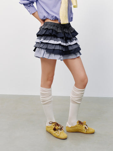 Urban Revivo Drawstring Contrast Check Tiered Ruffle A-Line Mini Skirts