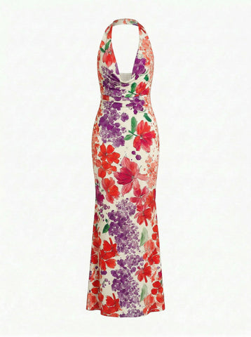 LILA Floral Print Cowl Neck Bodycon Midi Dress