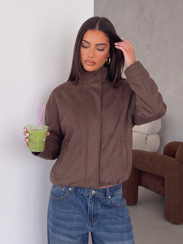 Chic Brown Suede Stand Collar Jacket