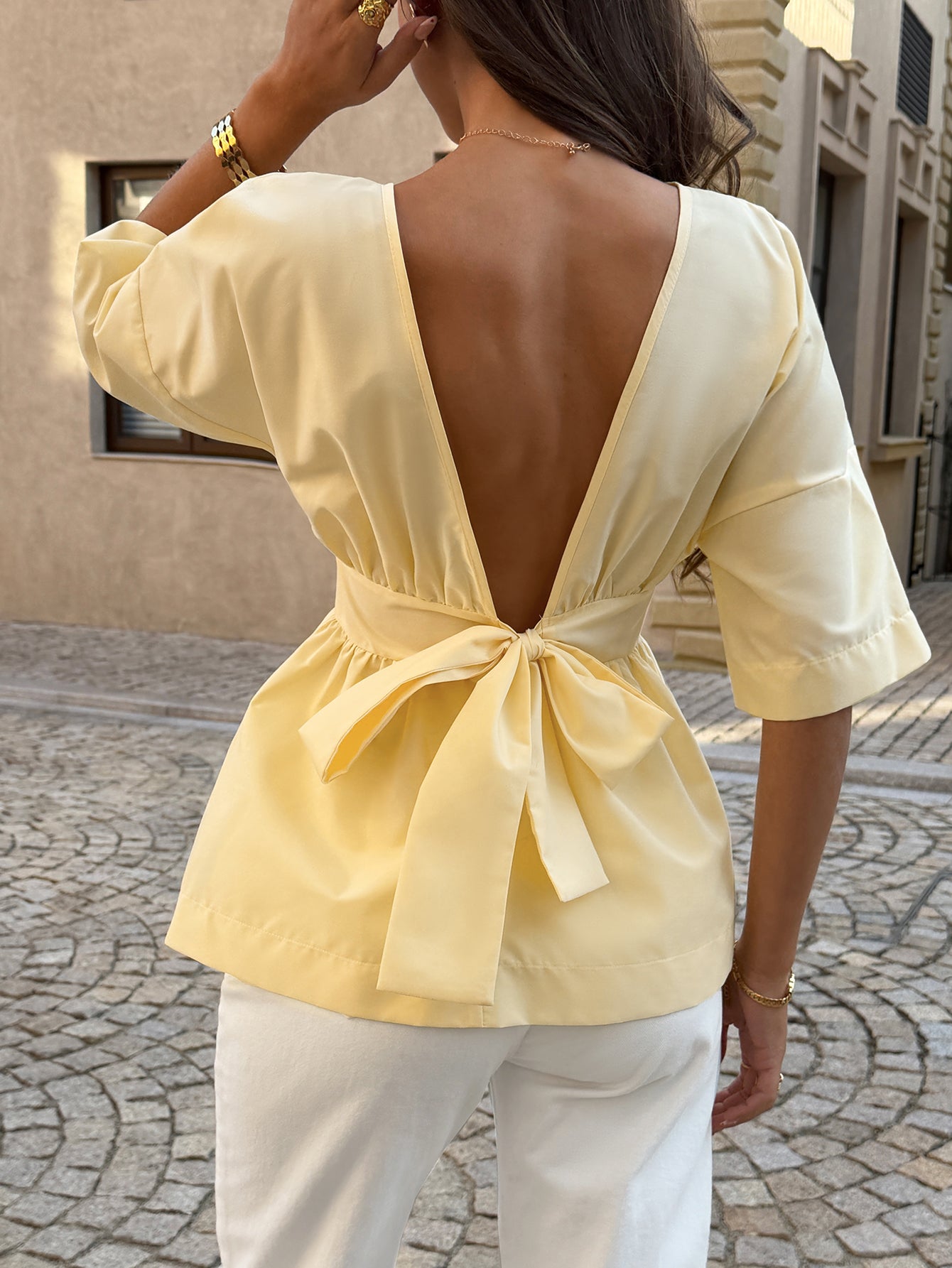 Boatneck 3/4-Sleeve Waist-Ruching Chic T-Shirt-Yellow