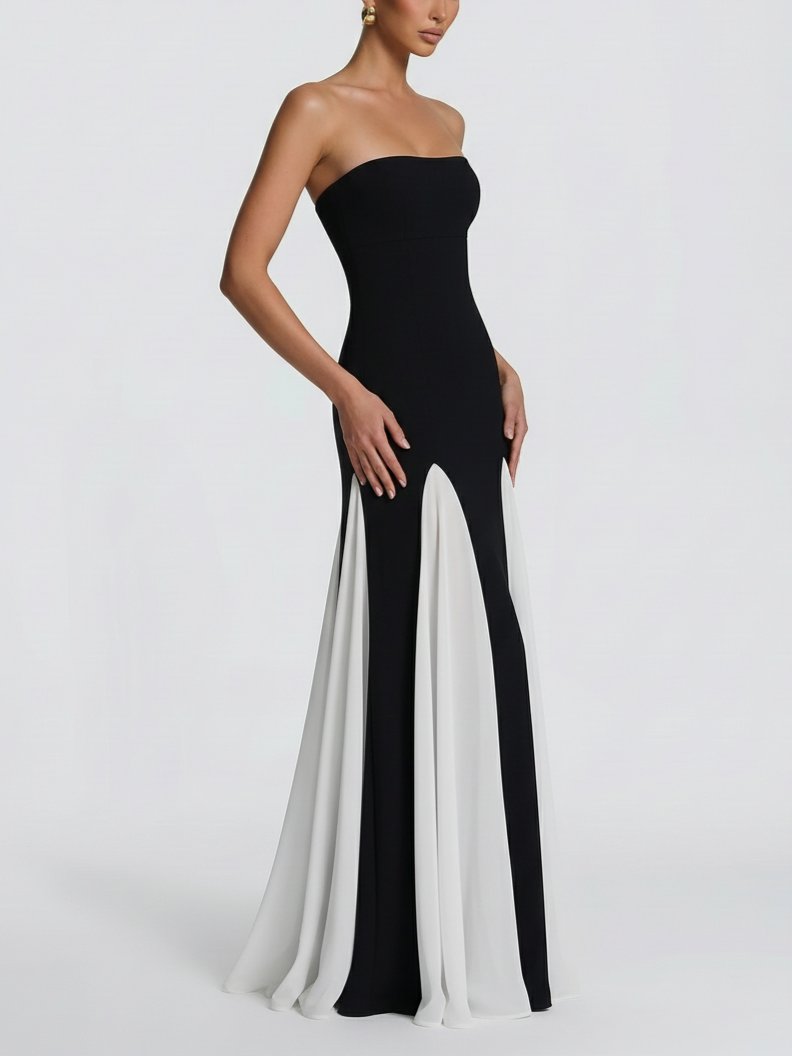 Strapless Two-Tone Maxi Evening Dress-Black