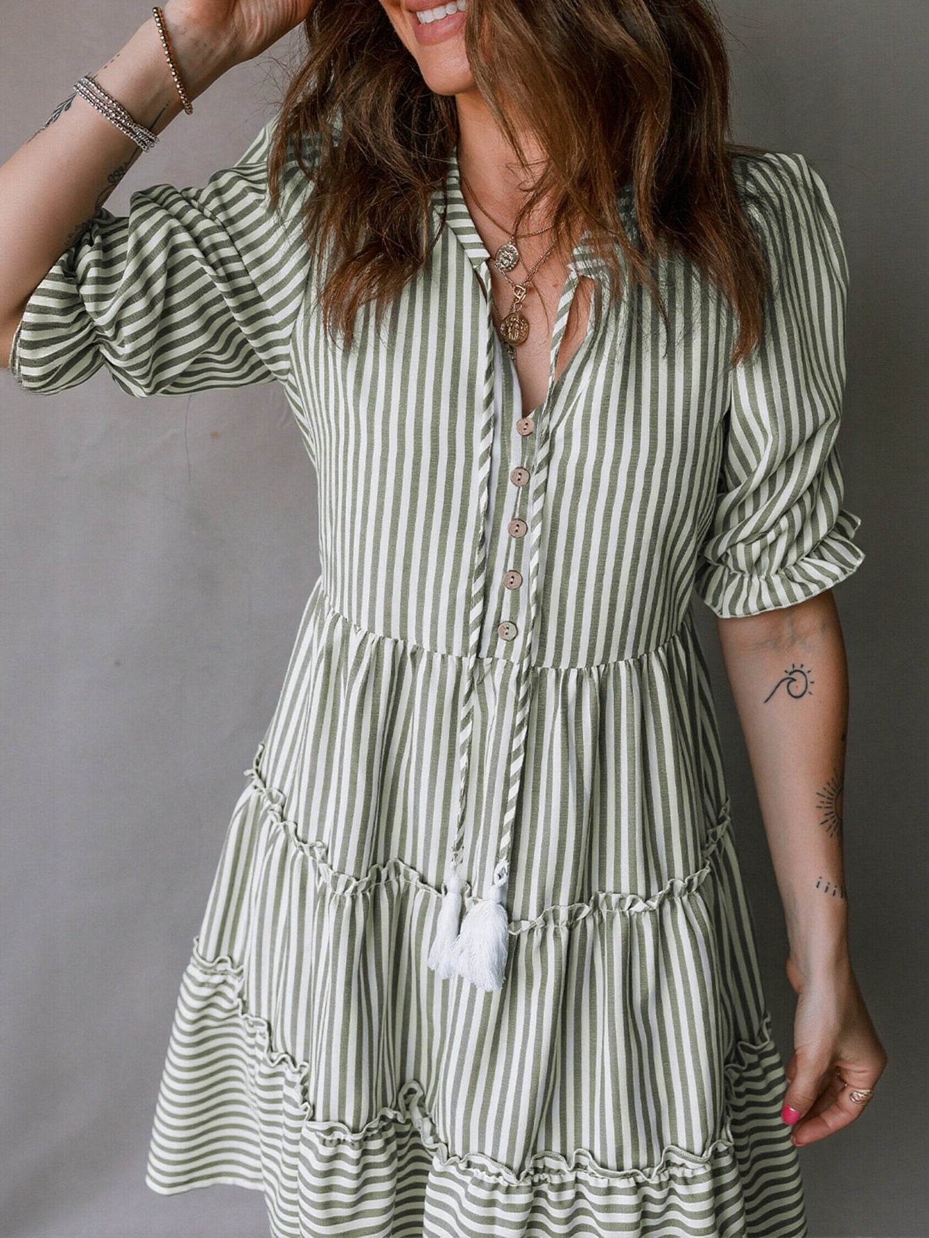 Striped Tiered Tassel Detail Dress