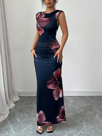 Fitted Floral Sleeveless Wedding Guest Midi Dress