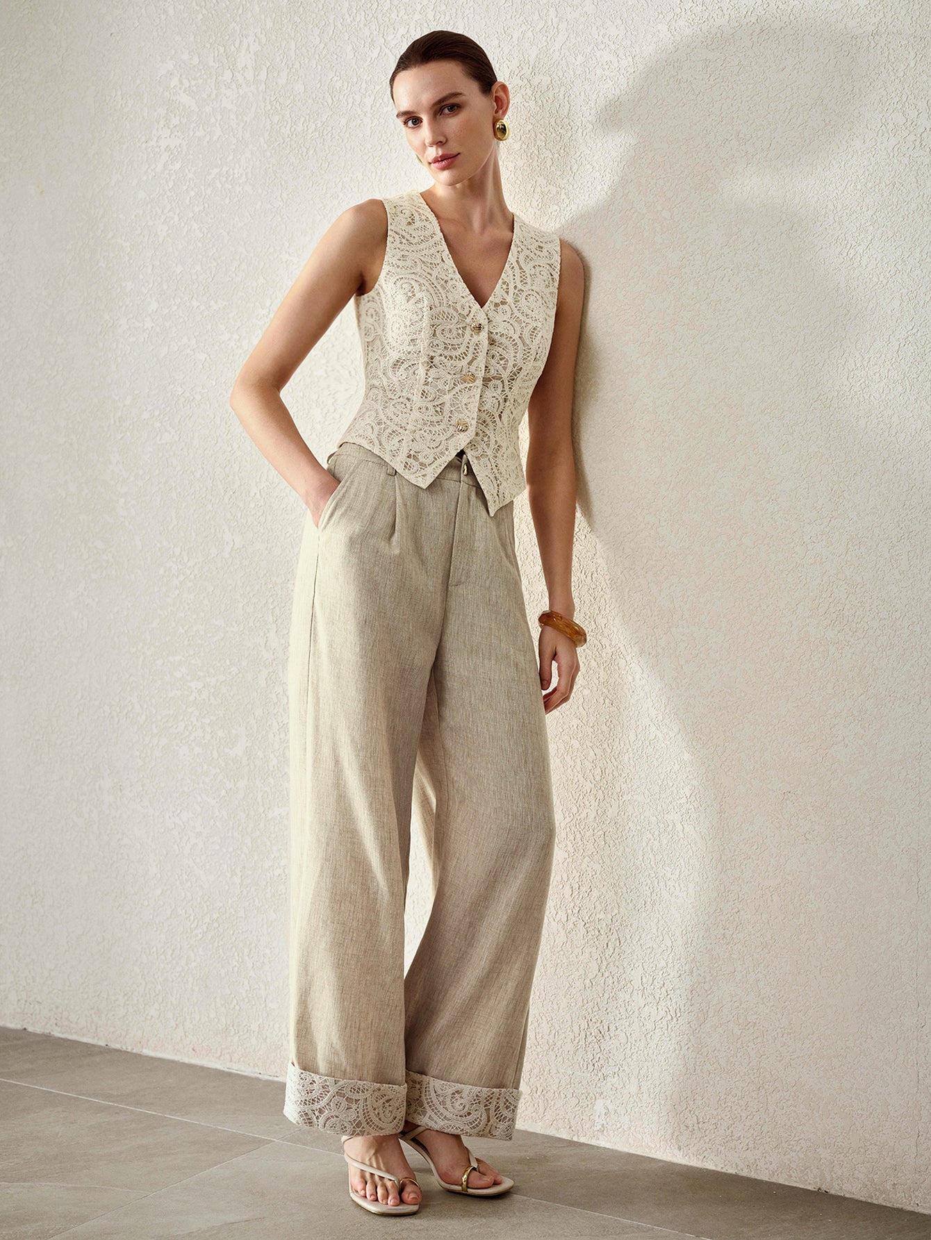 Elegant Lace Vest Wide Leg Pants Set