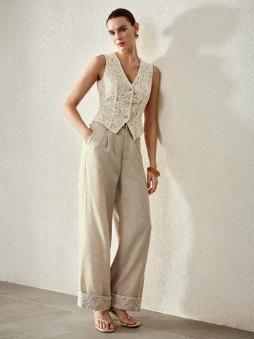 Elegant Lace Vest Wide Leg Pants Set