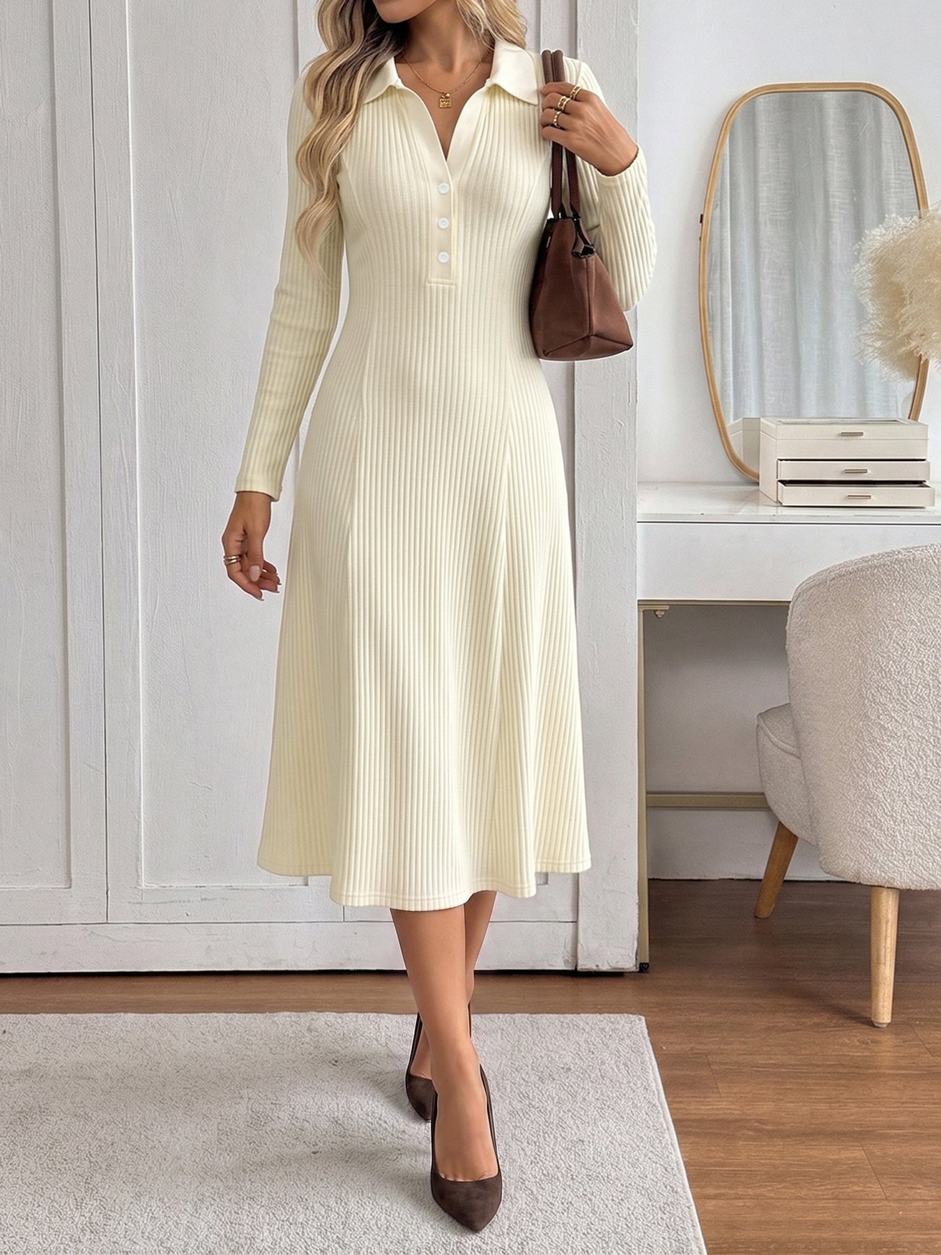 Ribbed Polo Neck Midi Dress