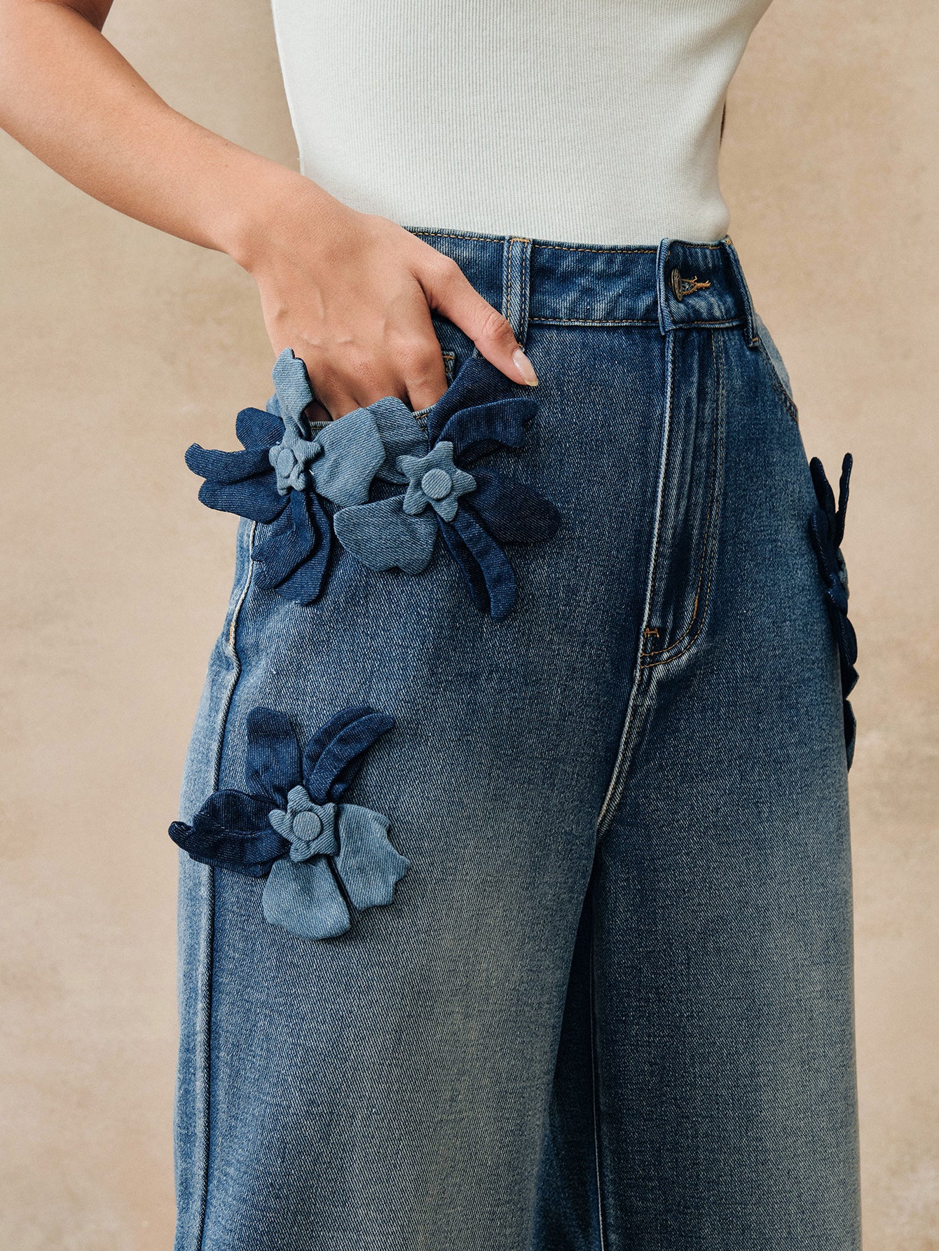 Floral Applique High Waisted Wide Jeans