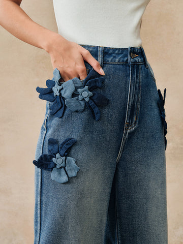 Floral Applique High Waisted Wide Jeans